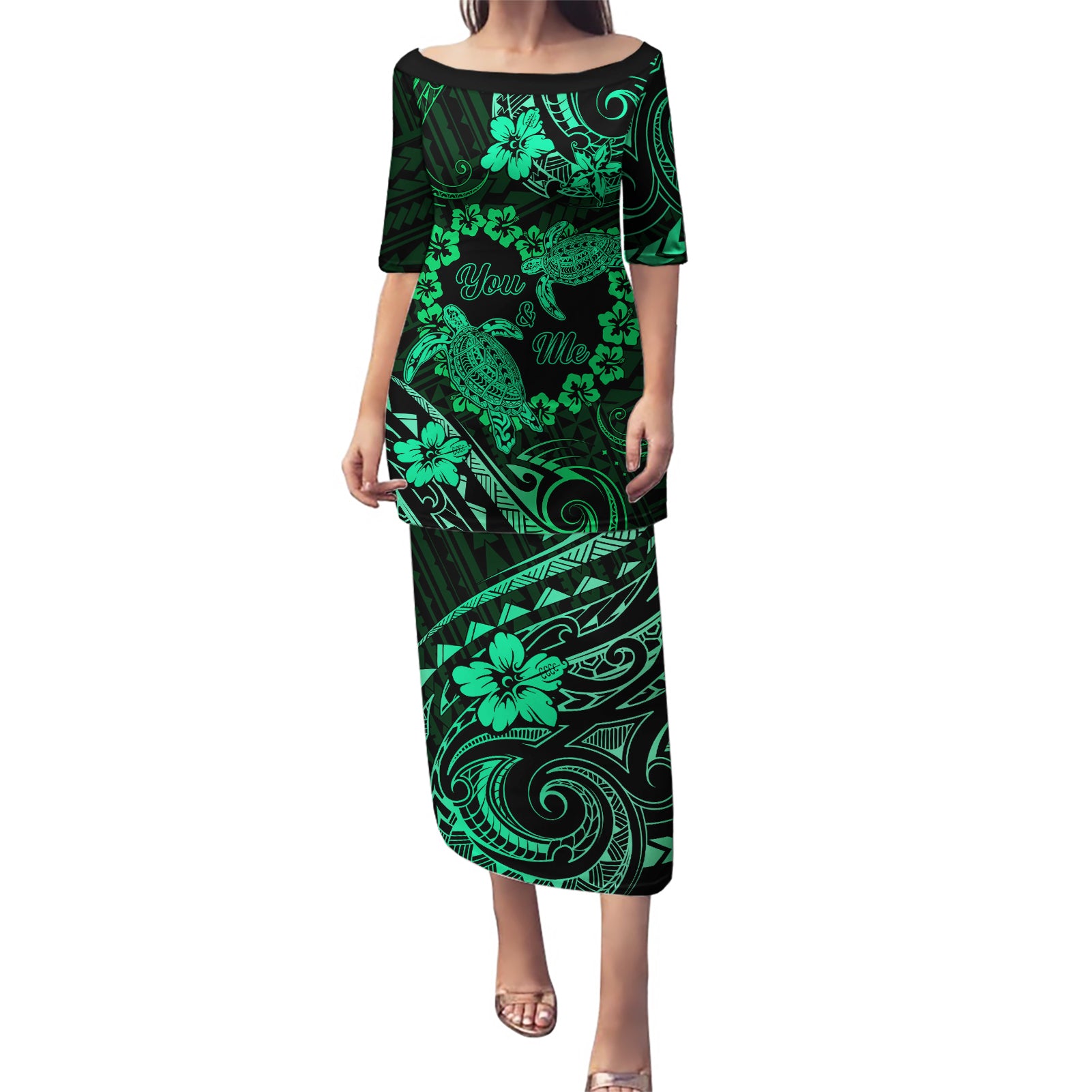 Polynesian Turtle Valentine Puletasi You And Me Green Hibiscus Heart LT01 Long Dress Green - Polynesian Pride