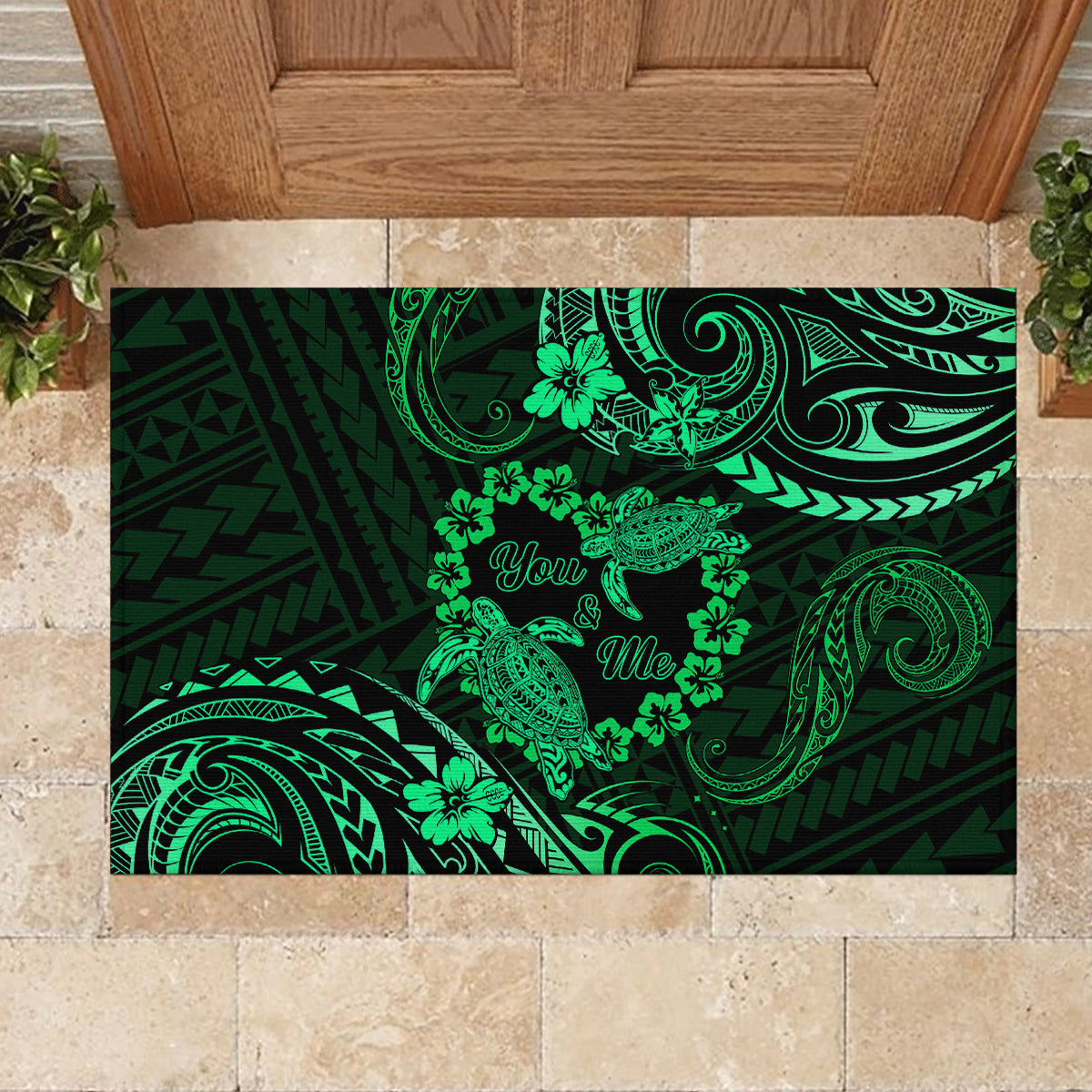 Polynesian Turtle Valentine Rubber Doormat You And Me Green Hibiscus Heart LT01 - Polynesian Pride