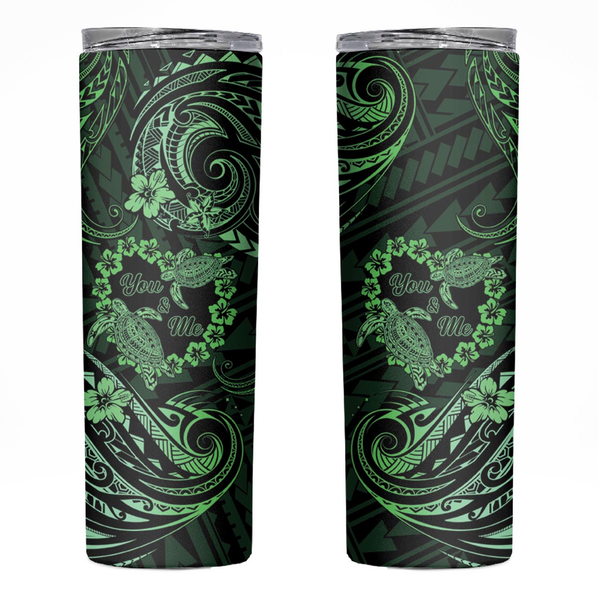 Polynesian Turtle Valentine Skinny Tumbler You And Me Green Hibiscus Heart LT01 Green - Polynesian Pride