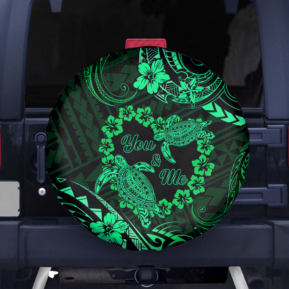 Polynesian Turtle Valentine Spare Tire Cover You And Me Green Hibiscus Heart LT01 Green - Polynesian Pride