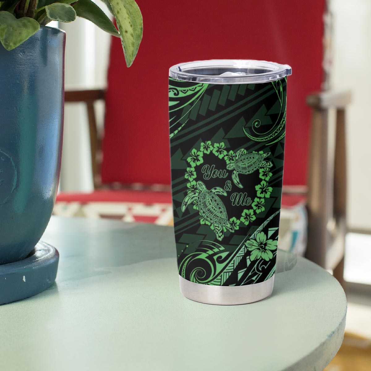 Polynesian Turtle Valentine Tumbler Cup You And Me Green Hibiscus Heart LT01 - Polynesian Pride