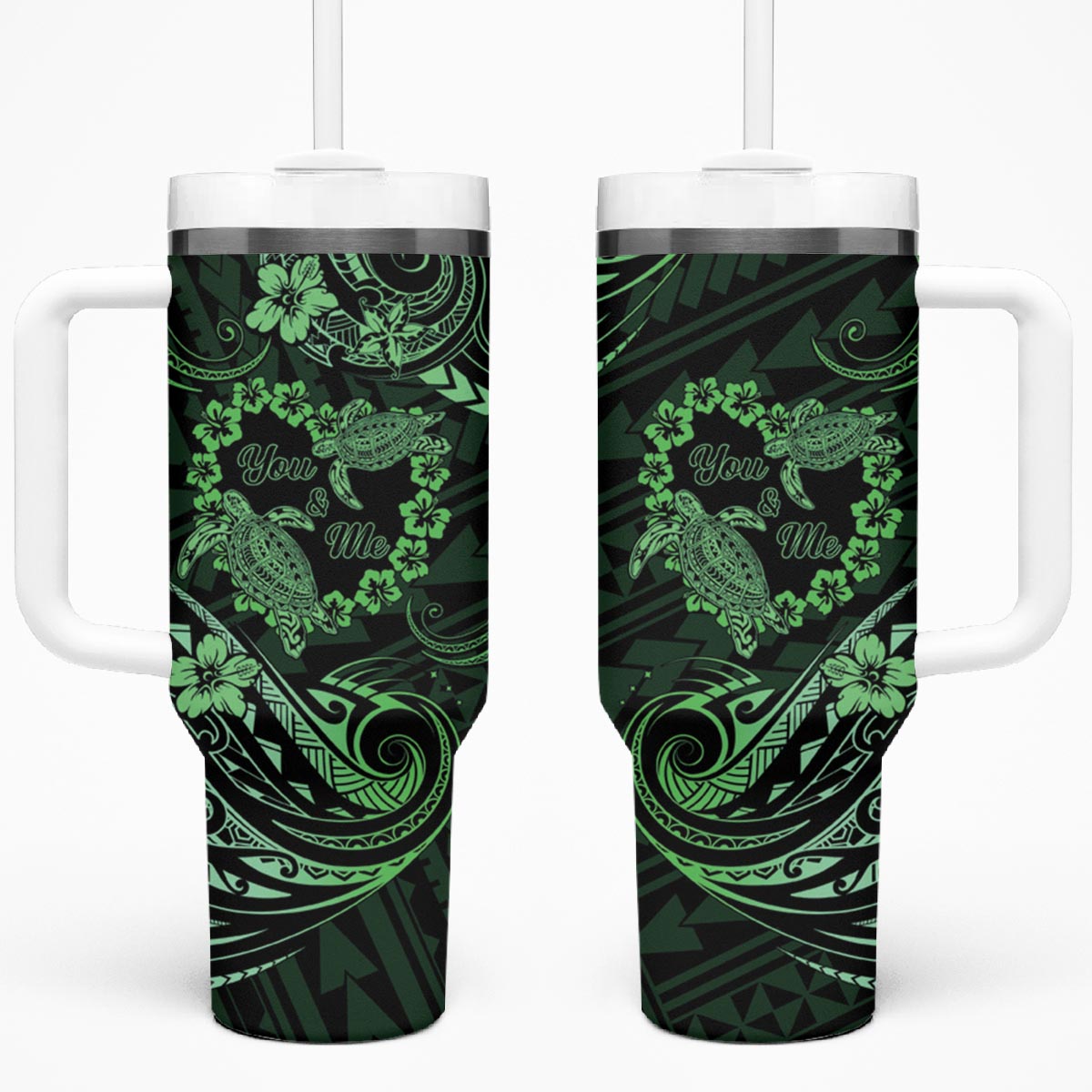 Polynesian Turtle Valentine Tumbler With Handle You And Me Green Hibiscus Heart LT01 One Size: 40 oz Green - Polynesian Pride