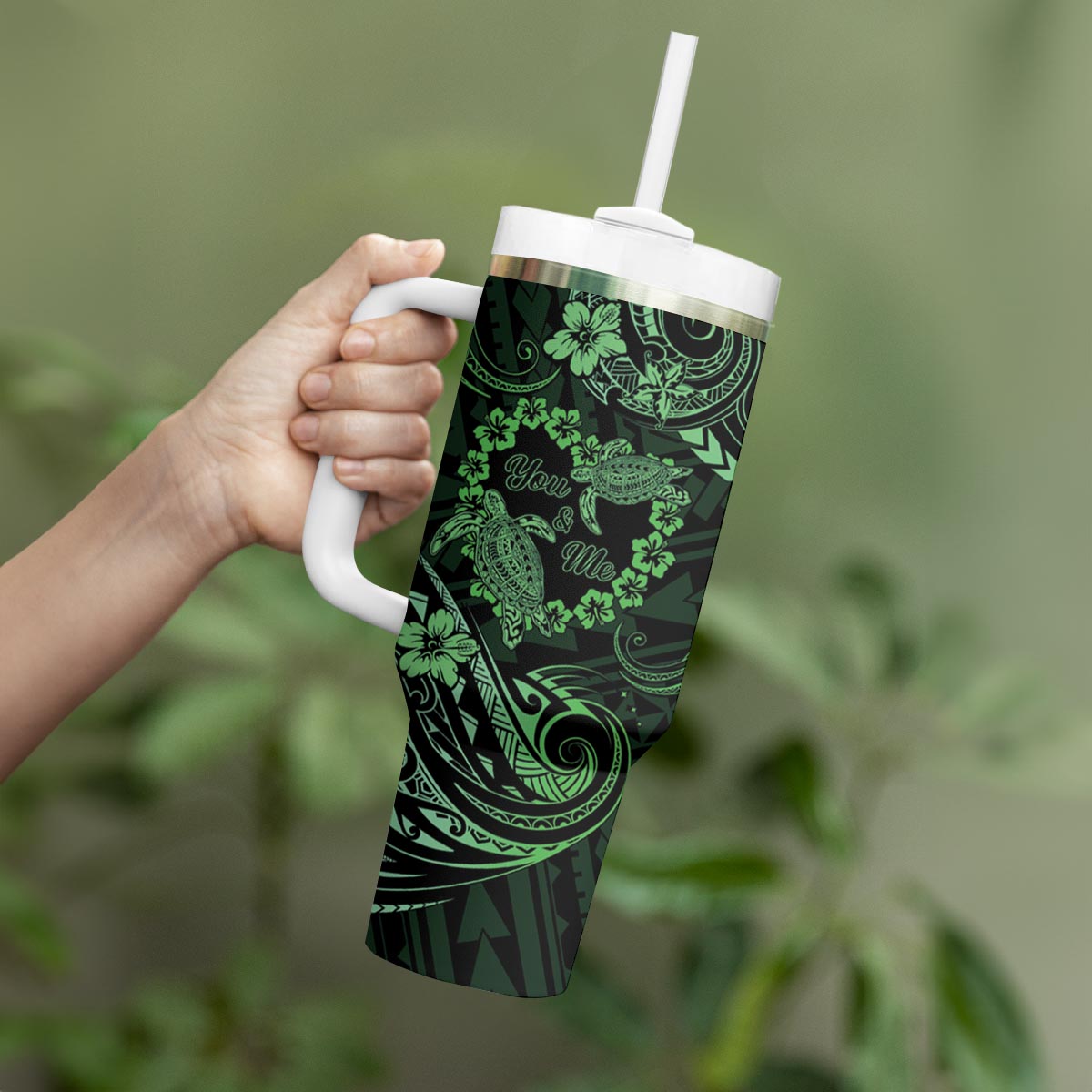 Polynesian Turtle Valentine Tumbler With Handle You And Me Green Hibiscus Heart LT01 - Polynesian Pride