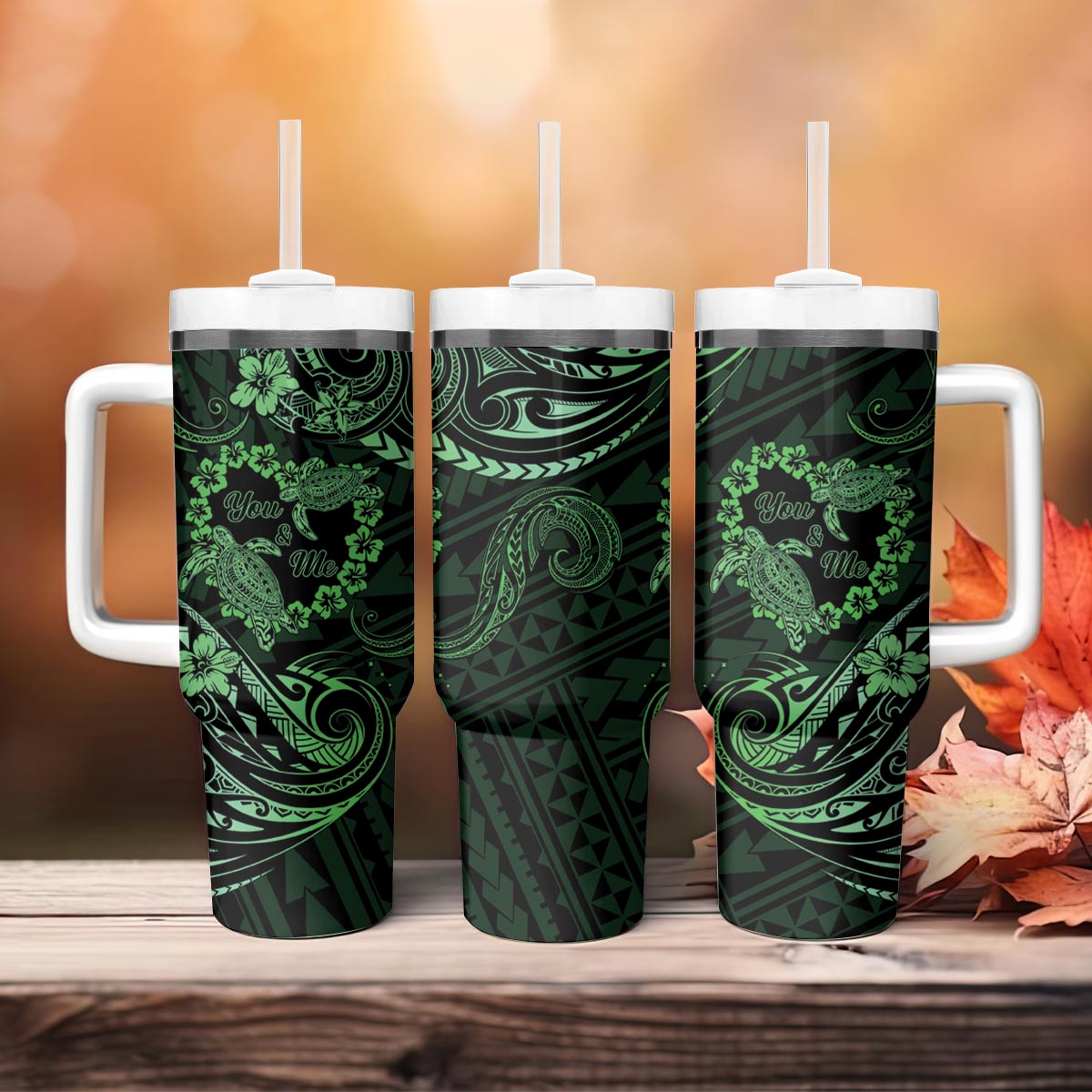Polynesian Turtle Valentine Tumbler With Handle You And Me Green Hibiscus Heart LT01 - Polynesian Pride