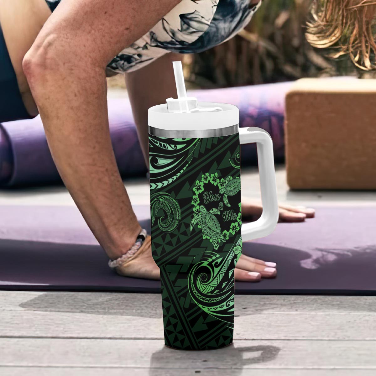 Polynesian Turtle Valentine Tumbler With Handle You And Me Green Hibiscus Heart LT01 - Polynesian Pride