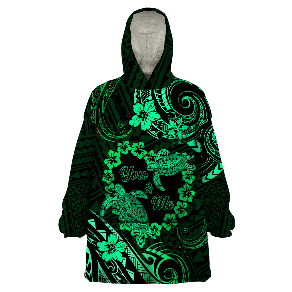 Polynesian Turtle Valentine Wearable Blanket Hoodie You And Me Green Hibiscus Heart LT01 One Size Green - Polynesian Pride