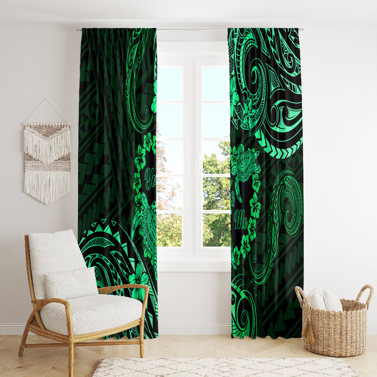 Polynesian Turtle Valentine Window Curtain You And Me Green Hibiscus Heart LT01 - Polynesian Pride