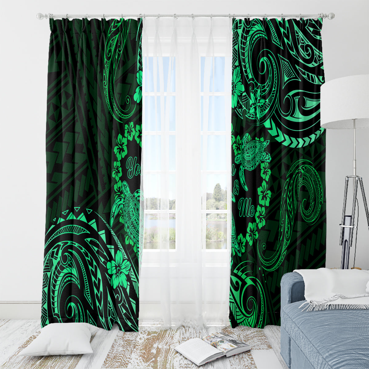 Polynesian Turtle Valentine Window Curtain You And Me Green Hibiscus Heart LT01 - Polynesian Pride