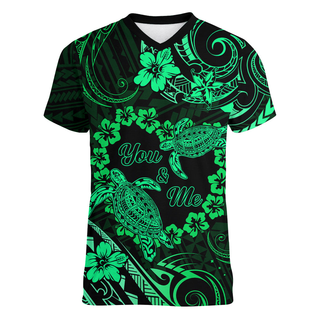 Polynesian Turtle Valentine Women V Neck T Shirt You And Me Green Hibiscus Heart LT01 Female Green - Polynesian Pride