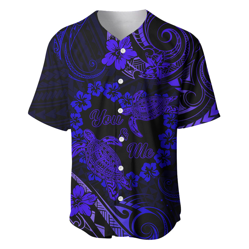 Polynesian Turtle Valentine Baseball Jersey You And Me Navy Blue Hibiscus Heart LT01 Blue - Polynesian Pride