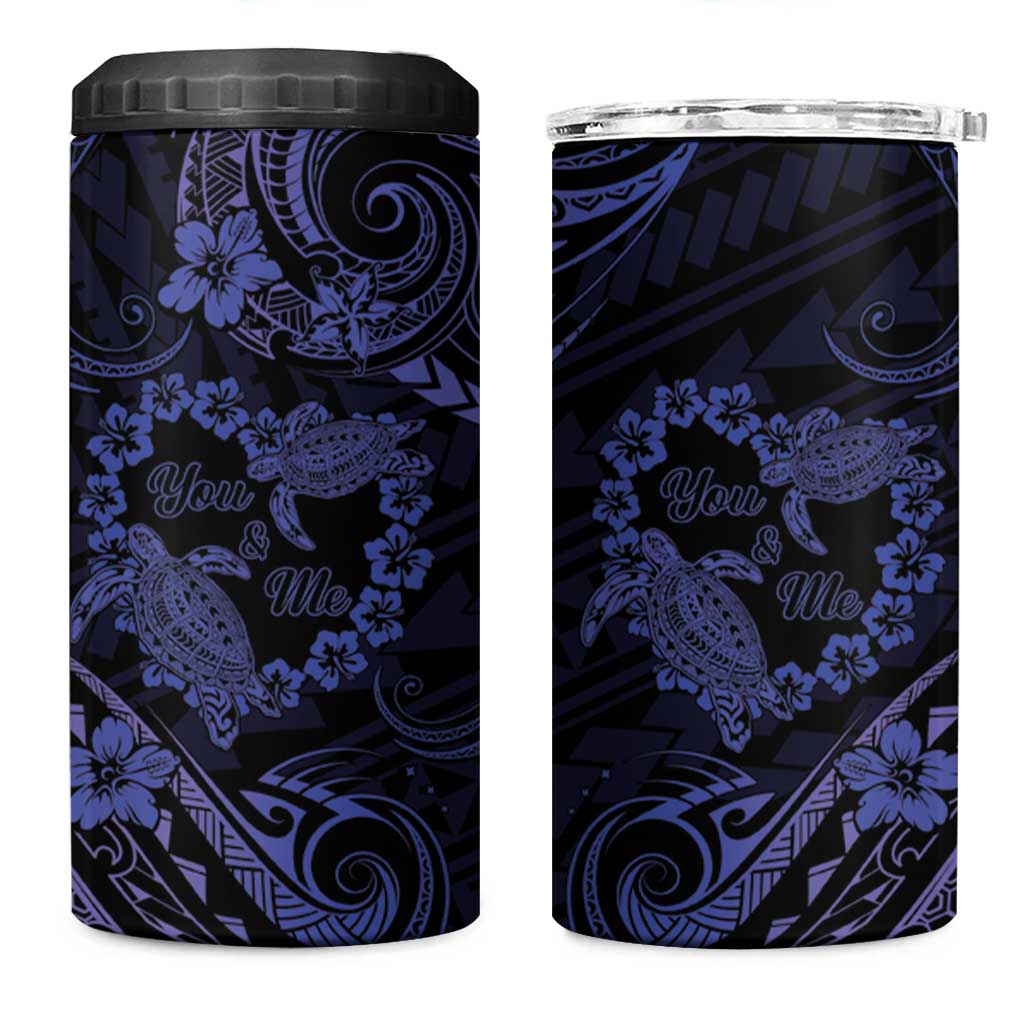 Polynesian Turtle Valentine 4 in 1 Can Cooler Tumbler You And Me Navy Blue Hibiscus Heart