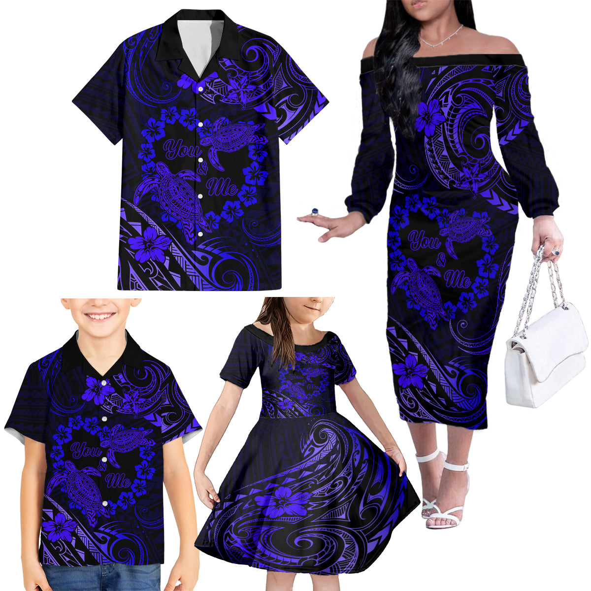 Polynesian Turtle Valentine Family Matching Off Shoulder Long Sleeve Dress and Hawaiian Shirt You And Me Navy Blue Hibiscus Heart LT01 - Polynesian Pride