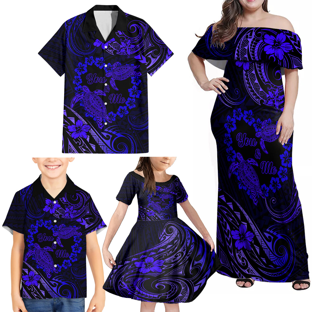 Polynesian Turtle Valentine Family Matching Off Shoulder Maxi Dress and Hawaiian Shirt You And Me Navy Blue Hibiscus Heart LT01 - Polynesian Pride