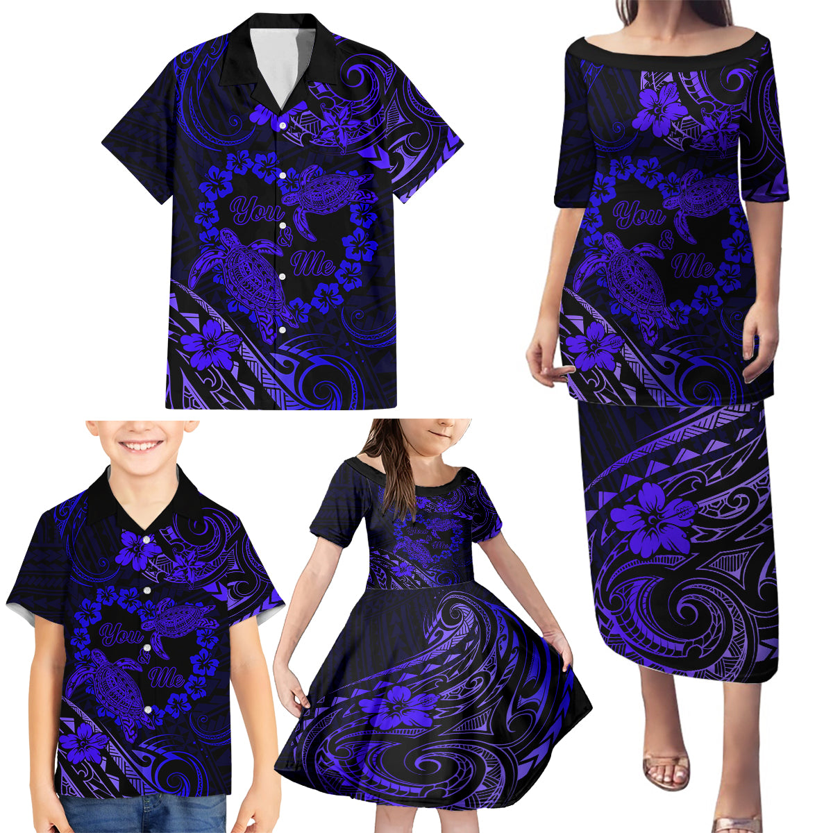 Polynesian Turtle Valentine Family Matching Puletasi and Hawaiian Shirt You And Me Navy Blue Hibiscus Heart LT01 - Polynesian Pride