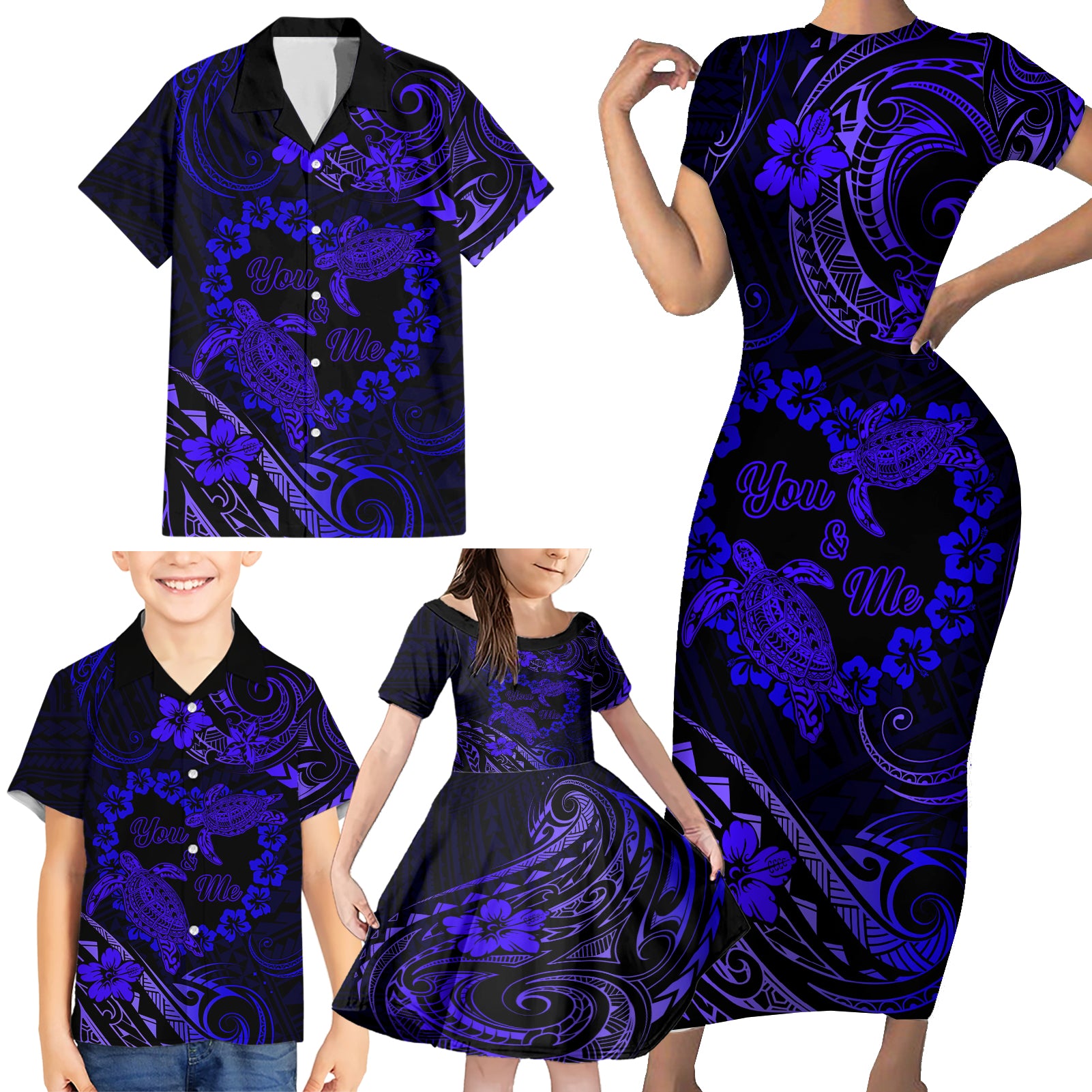 Polynesian Turtle Valentine Family Matching Short Sleeve Bodycon Dress and Hawaiian Shirt You And Me Navy Blue Hibiscus Heart LT01 - Polynesian Pride