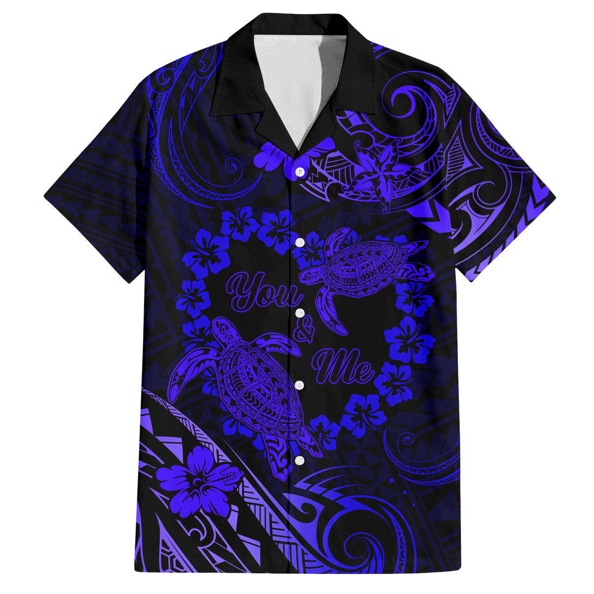 Polynesian Turtle Valentine Family Matching Tank Maxi Dress and Hawaiian Shirt You And Me Navy Blue Hibiscus Heart LT01 Dad's Shirt - Short Sleeve Blue - Polynesian Pride