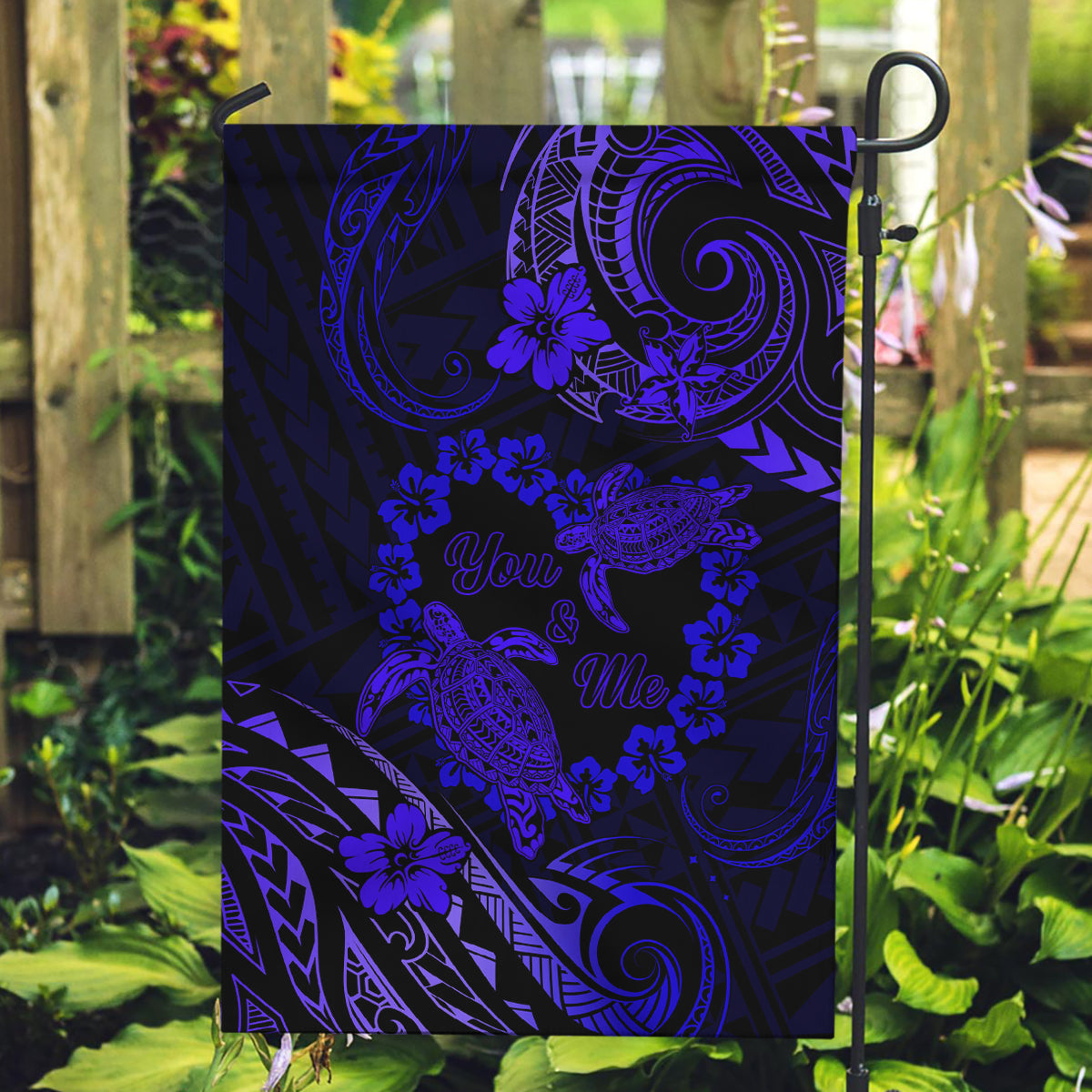 Polynesian Turtle Valentine Garden Flag You And Me Navy Blue Hibiscus Heart LT01 Garden Flag Blue - Polynesian Pride