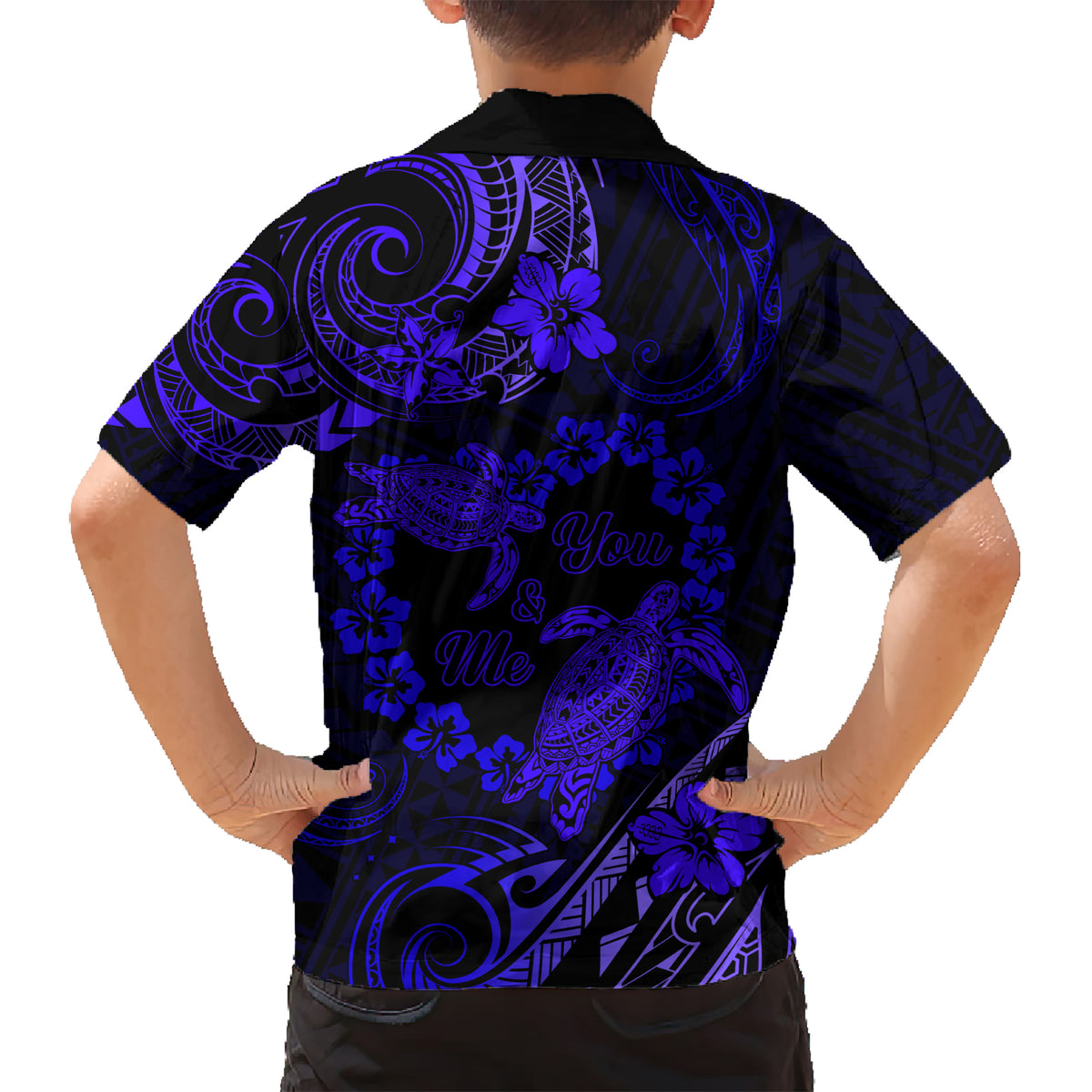 Polynesian Turtle Valentine Kid Hawaiian Shirt You And Me Navy Blue Hibiscus Heart LT01 - Polynesian Pride