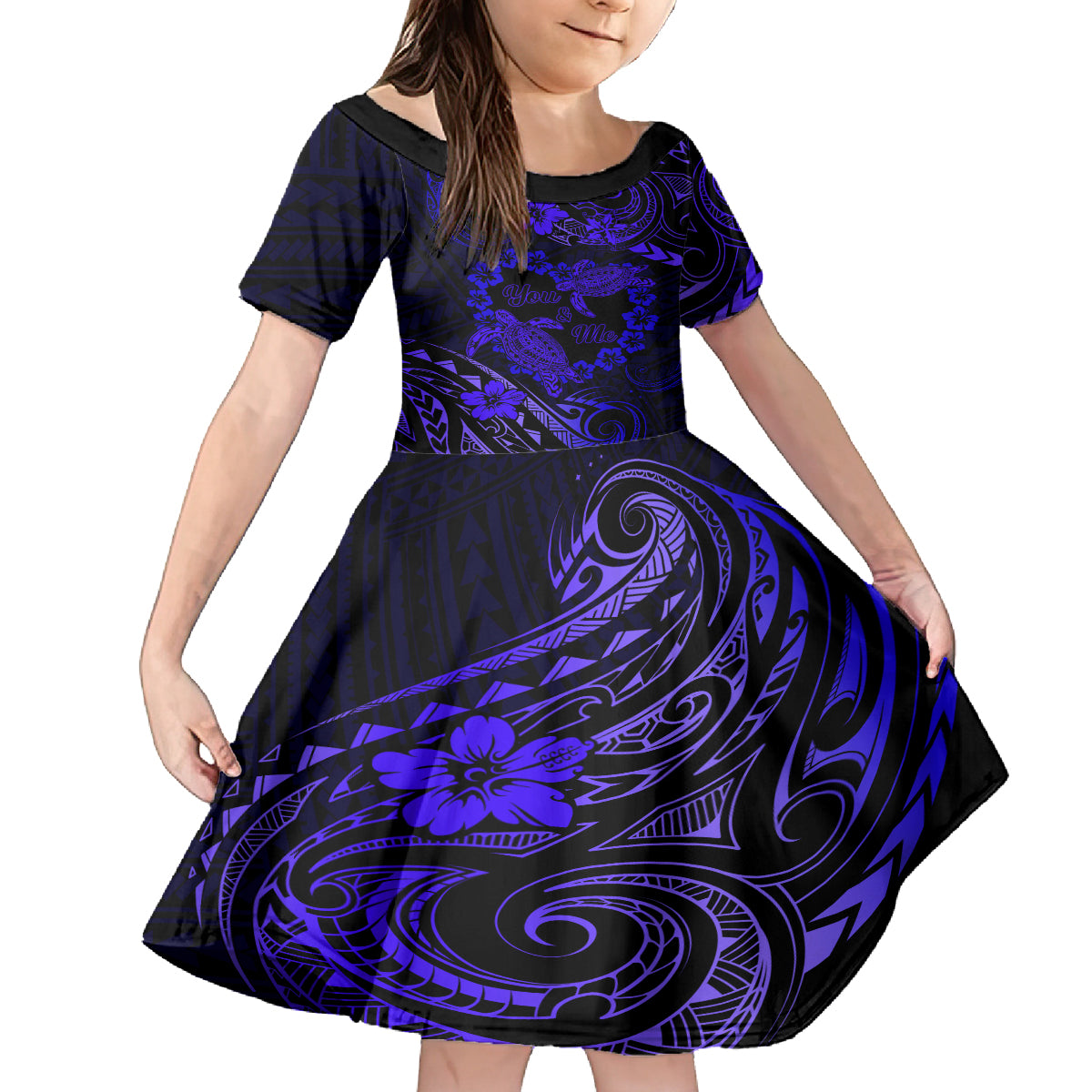 Polynesian Turtle Valentine Kid Short Sleeve Dress You And Me Navy Blue Hibiscus Heart LT01 KID Blue - Polynesian Pride