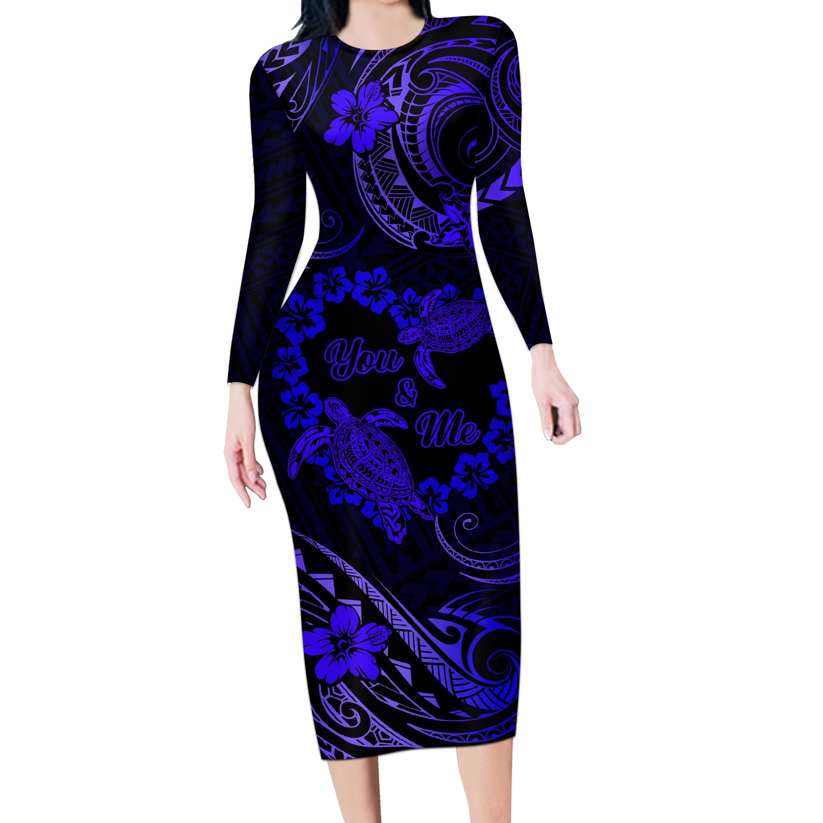 Polynesian Turtle Valentine Long Sleeve Bodycon Dress You And Me Navy Blue Hibiscus Heart LT01 Long Dress Blue - Polynesian Pride