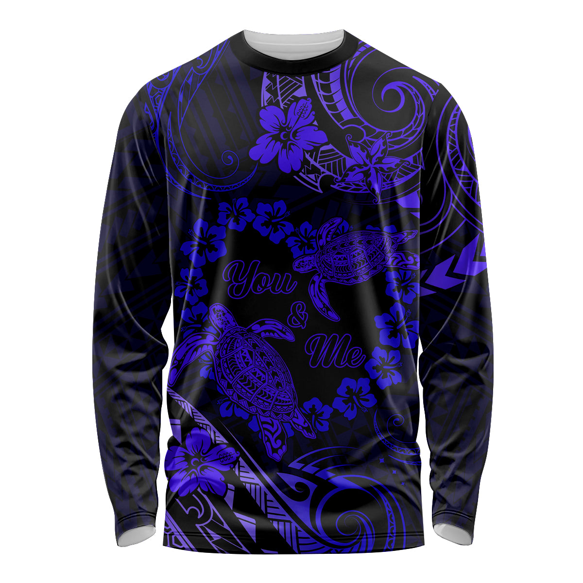 Polynesian Turtle Valentine Long Sleeve Shirt You And Me Navy Blue Hibiscus Heart LT01 Unisex Blue - Polynesian Pride