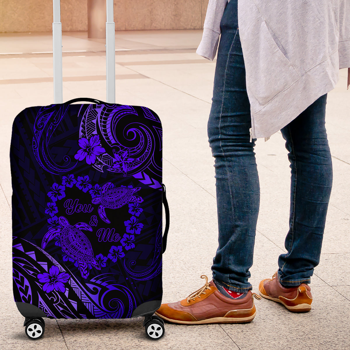 Polynesian Turtle Valentine Luggage Cover You And Me Navy Blue Hibiscus Heart LT01 Blue - Polynesian Pride