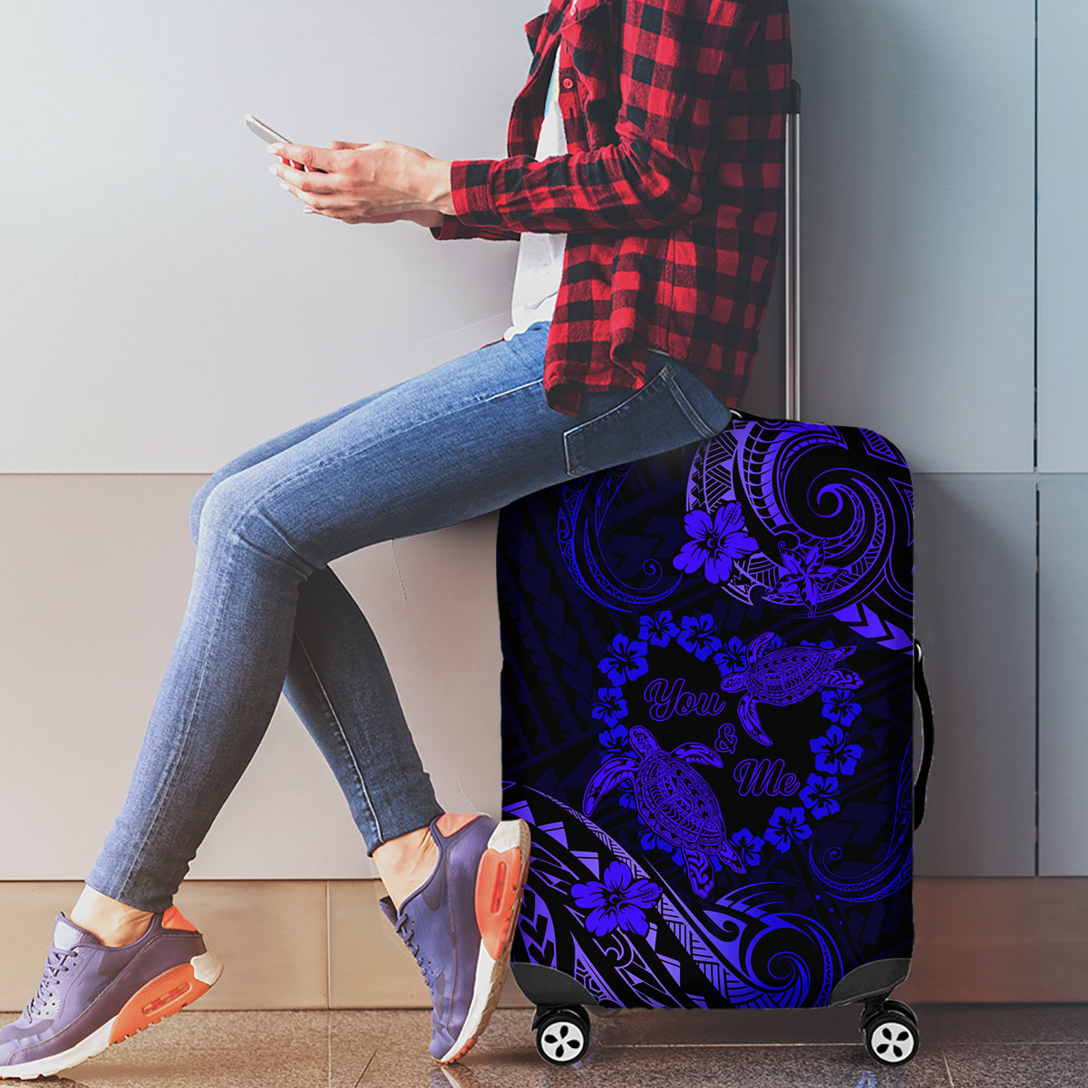 Polynesian Turtle Valentine Luggage Cover You And Me Navy Blue Hibiscus Heart LT01 - Polynesian Pride