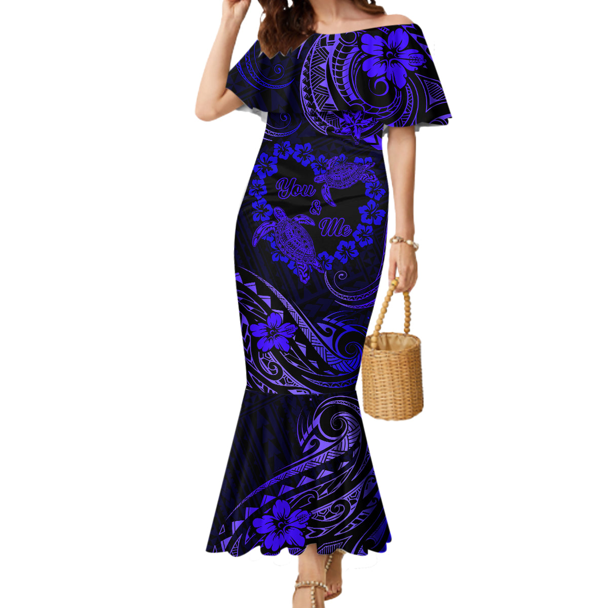 Polynesian Turtle Valentine Mermaid Dress You And Me Navy Blue Hibiscus Heart LT01 Women Blue - Polynesian Pride