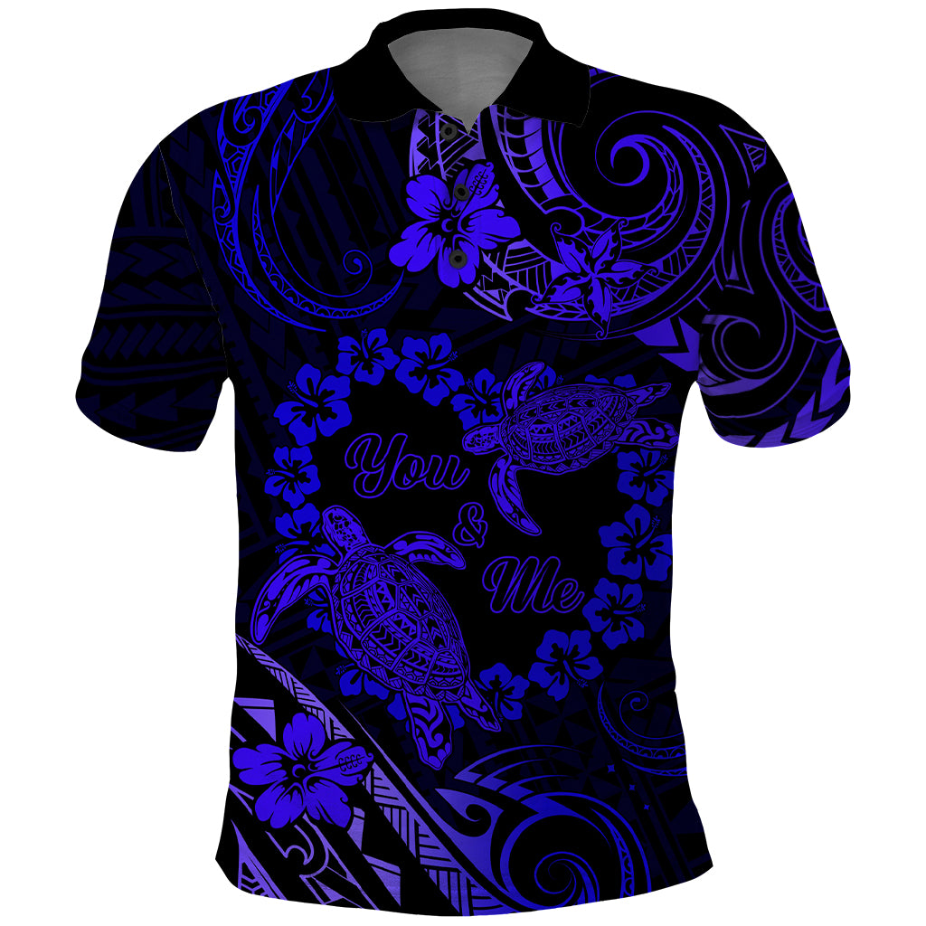 Polynesian Turtle Valentine Polo Shirt You And Me Navy Blue Hibiscus Heart LT01 Blue - Polynesian Pride