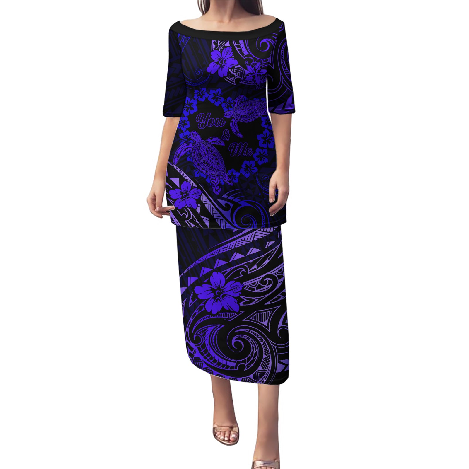 Polynesian Turtle Valentine Puletasi You And Me Navy Blue Hibiscus Heart LT01 Long Dress Blue - Polynesian Pride