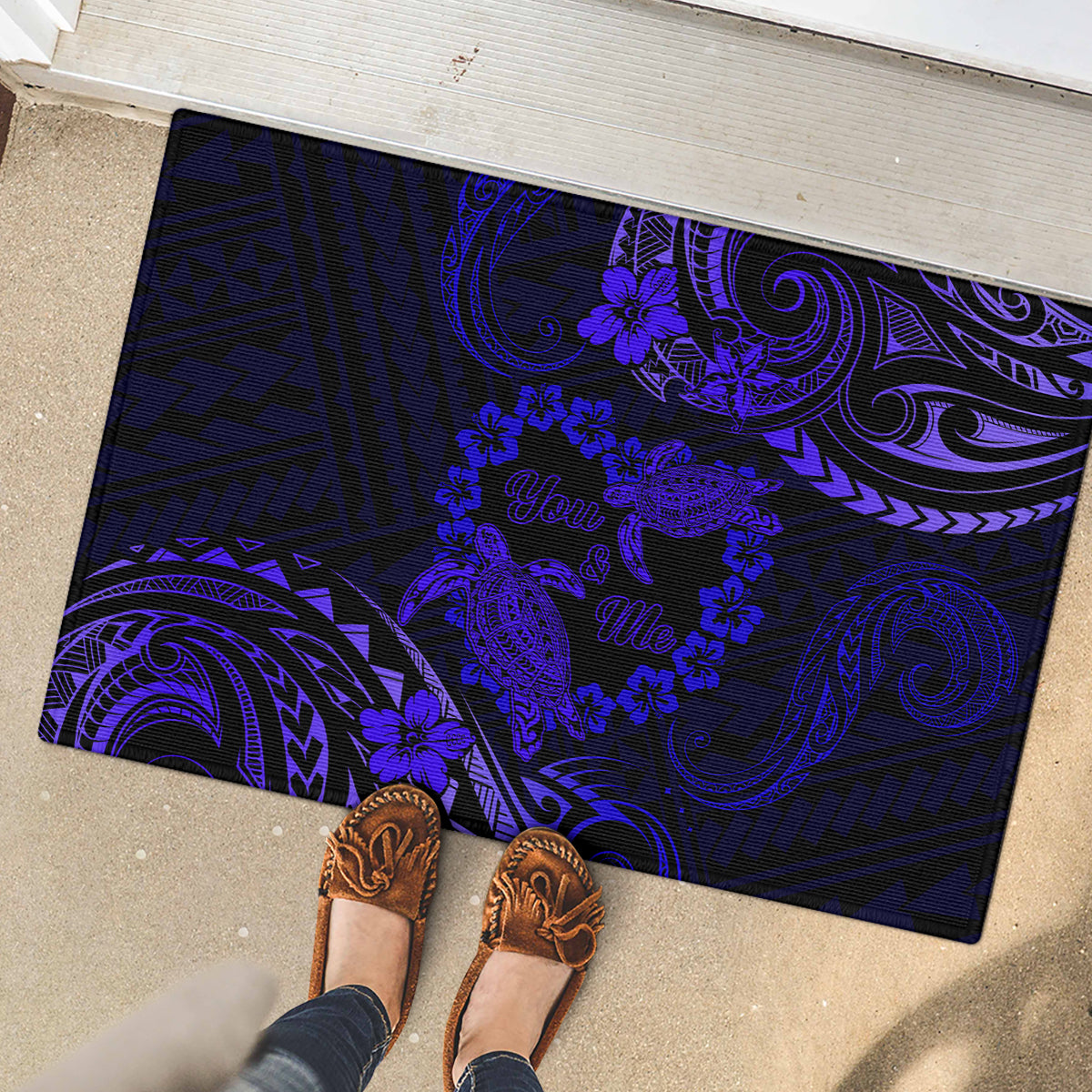 Polynesian Turtle Valentine Rubber Doormat You And Me Navy Blue Hibiscus Heart LT01 - Polynesian Pride