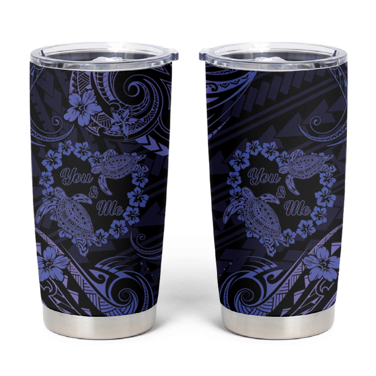 Polynesian Turtle Valentine Tumbler Cup You And Me Navy Blue Hibiscus Heart