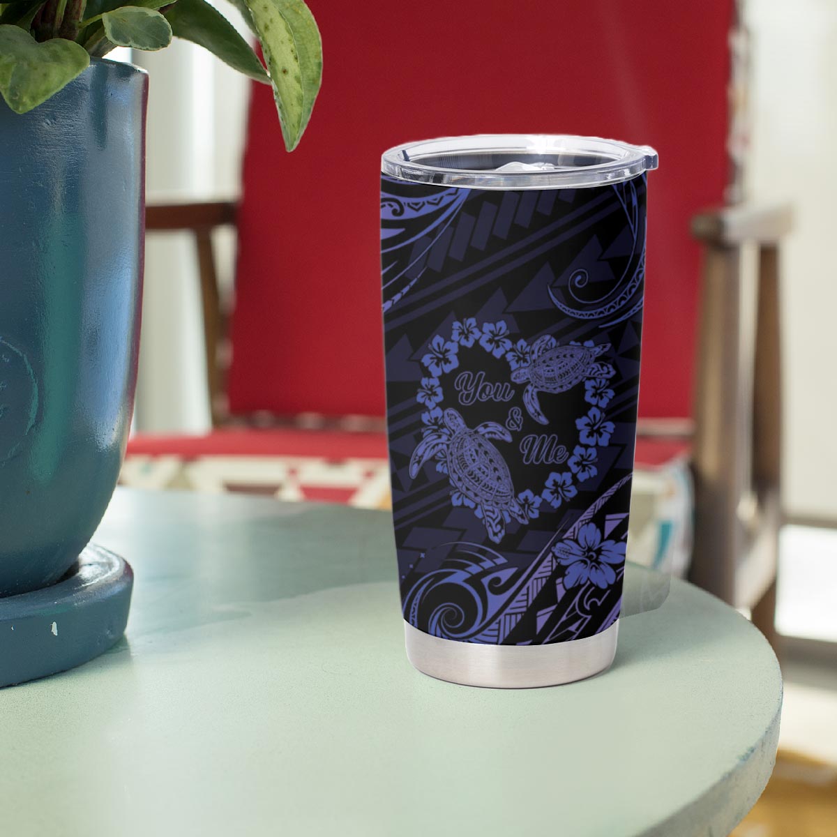 Polynesian Turtle Valentine Tumbler Cup You And Me Navy Blue Hibiscus Heart LT01 - Polynesian Pride