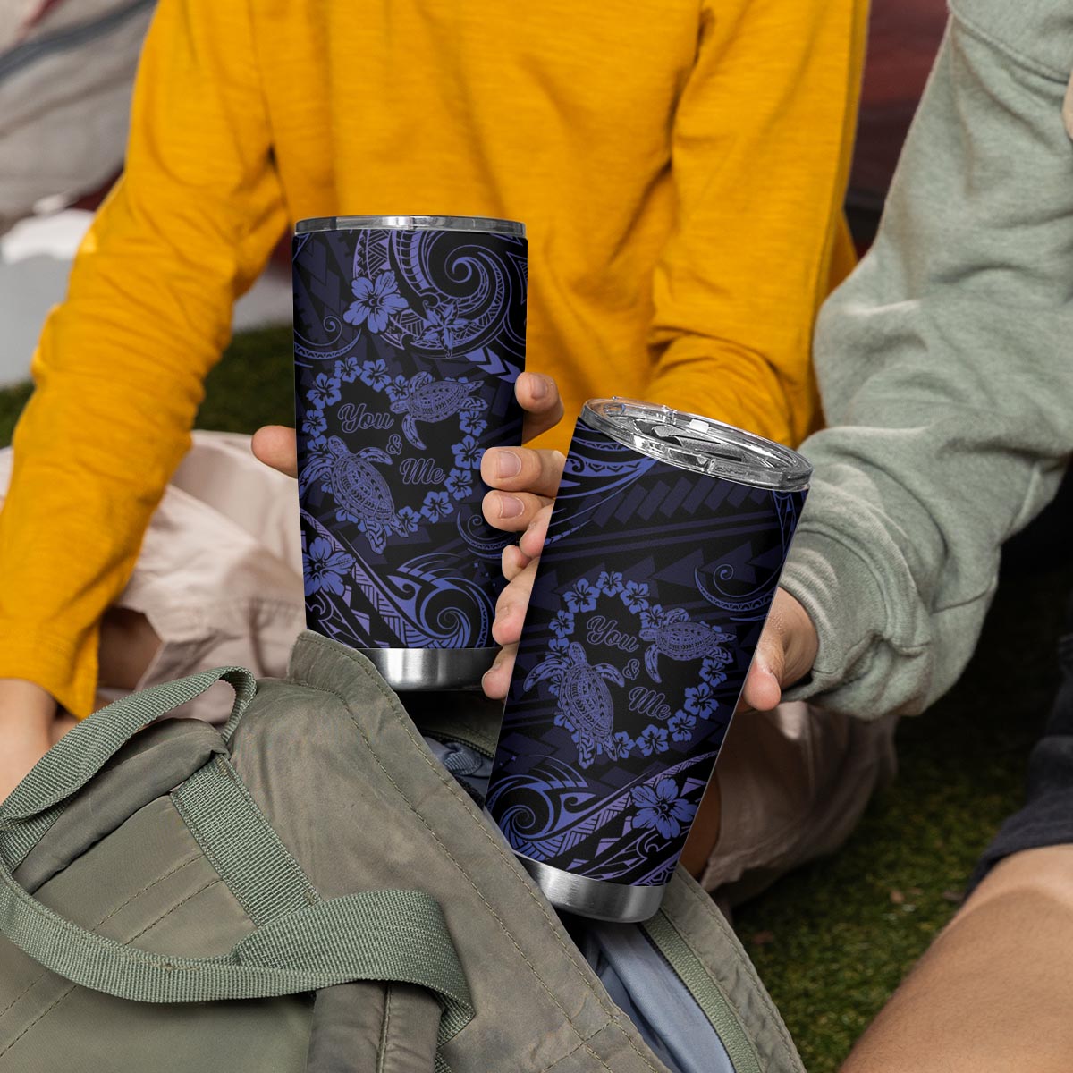 Polynesian Turtle Valentine Tumbler Cup You And Me Navy Blue Hibiscus Heart LT01 - Polynesian Pride