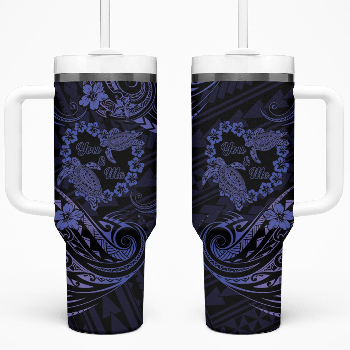 Polynesian Turtle Valentine Tumbler With Handle You And Me Navy Blue Hibiscus Heart