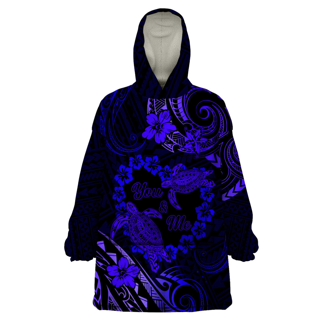 Polynesian Turtle Valentine Wearable Blanket Hoodie You And Me Navy Blue Hibiscus Heart LT01 One Size Blue - Polynesian Pride