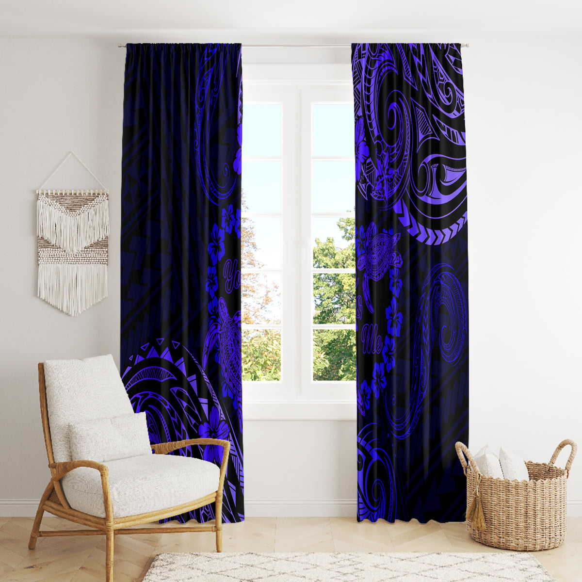 Polynesian Turtle Valentine Window Curtain You And Me Navy Blue Hibiscus Heart LT01 - Polynesian Pride