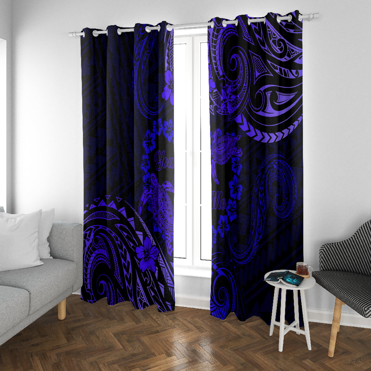 Polynesian Turtle Valentine Window Curtain You And Me Navy Blue Hibiscus Heart LT01 With Grommets Blue - Polynesian Pride