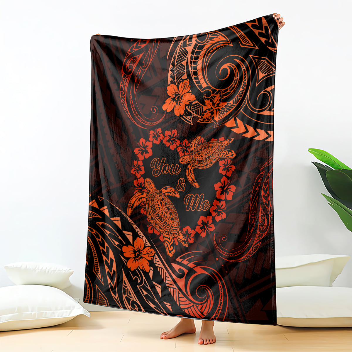 Polynesian Turtle Valentine Blanket You And Me Orange Hibiscus Heart LT01 Orange - Polynesian Pride