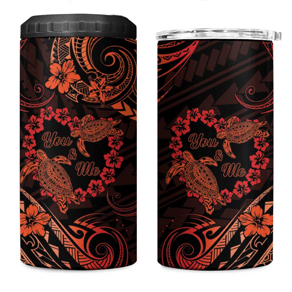 Polynesian Turtle Valentine 4 in 1 Can Cooler Tumbler You And Me Orange Hibiscus Heart