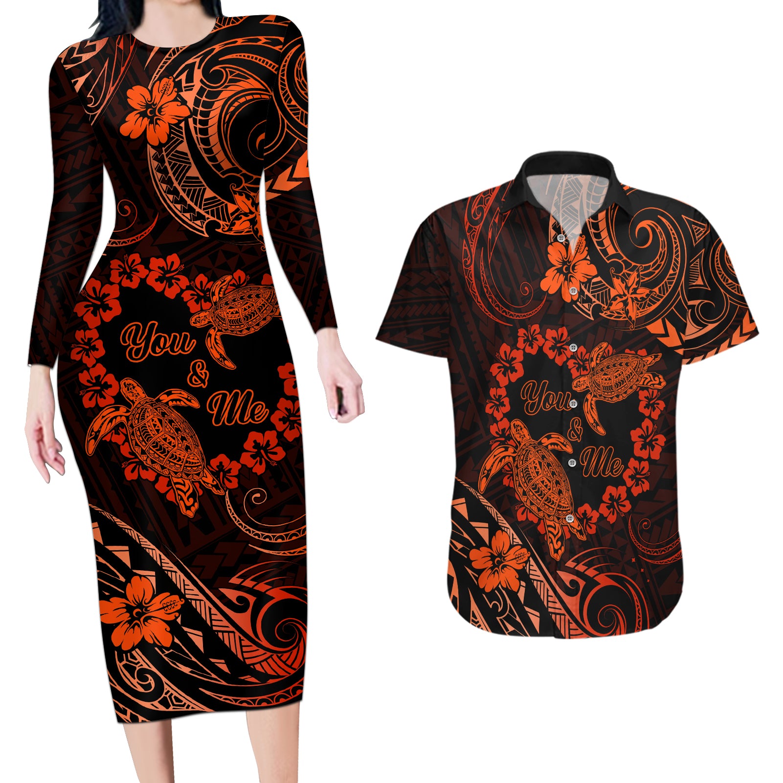 Polynesian Turtle Valentine Couples Matching Long Sleeve Bodycon Dress and Hawaiian Shirt You And Me Orange Hibiscus Heart LT01 Orange - Polynesian Pride