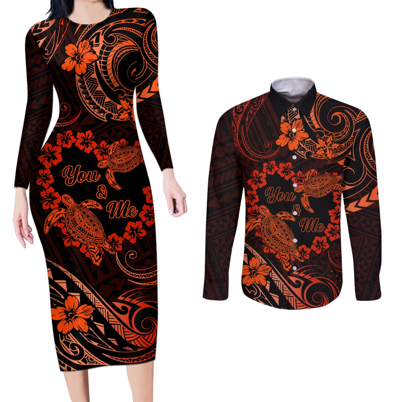 Polynesian Turtle Valentine Couples Matching Long Sleeve Bodycon Dress and Long Sleeve Button Shirt You And Me Orange Hibiscus Heart LT01 Orange - Polynesian Pride