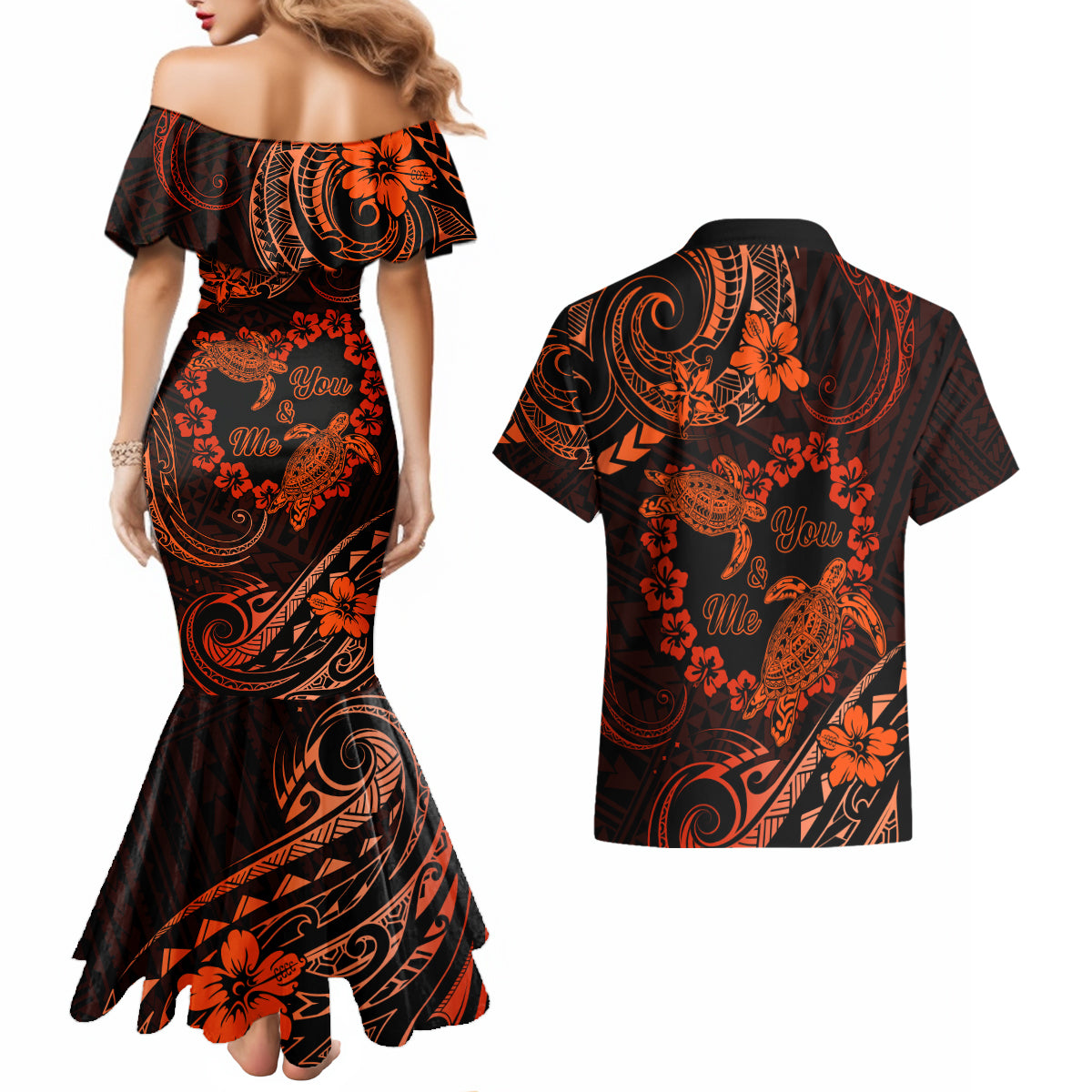 Polynesian Turtle Valentine Couples Matching Mermaid Dress and Hawaiian Shirt You And Me Orange Hibiscus Heart LT01 - Polynesian Pride
