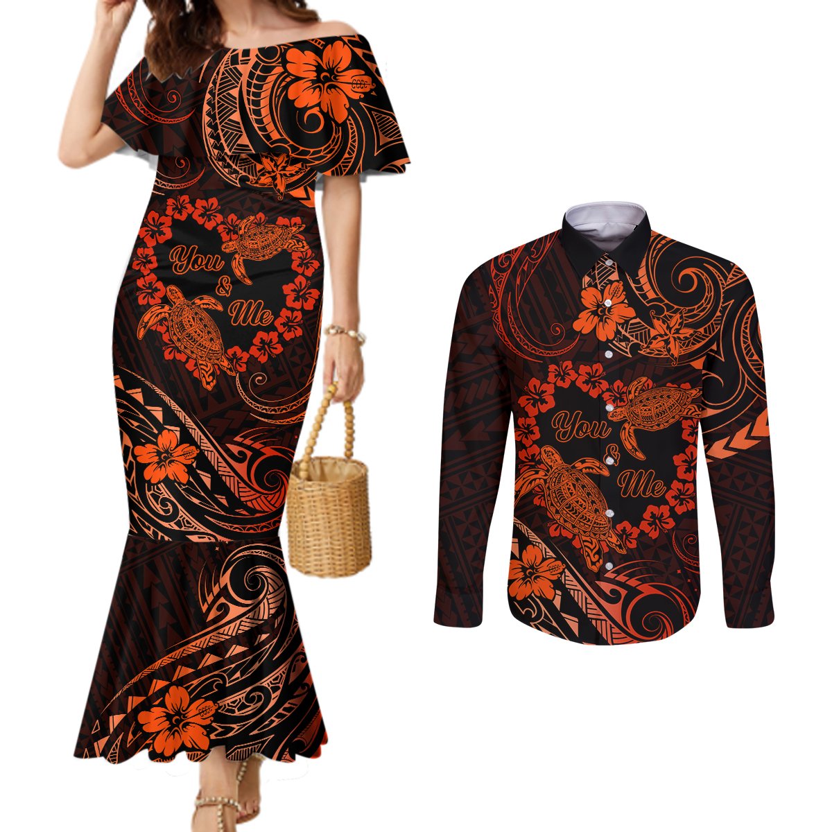 Polynesian Turtle Valentine Couples Matching Mermaid Dress and Long Sleeve Button Shirt You And Me Orange Hibiscus Heart LT01 Orange - Polynesian Pride