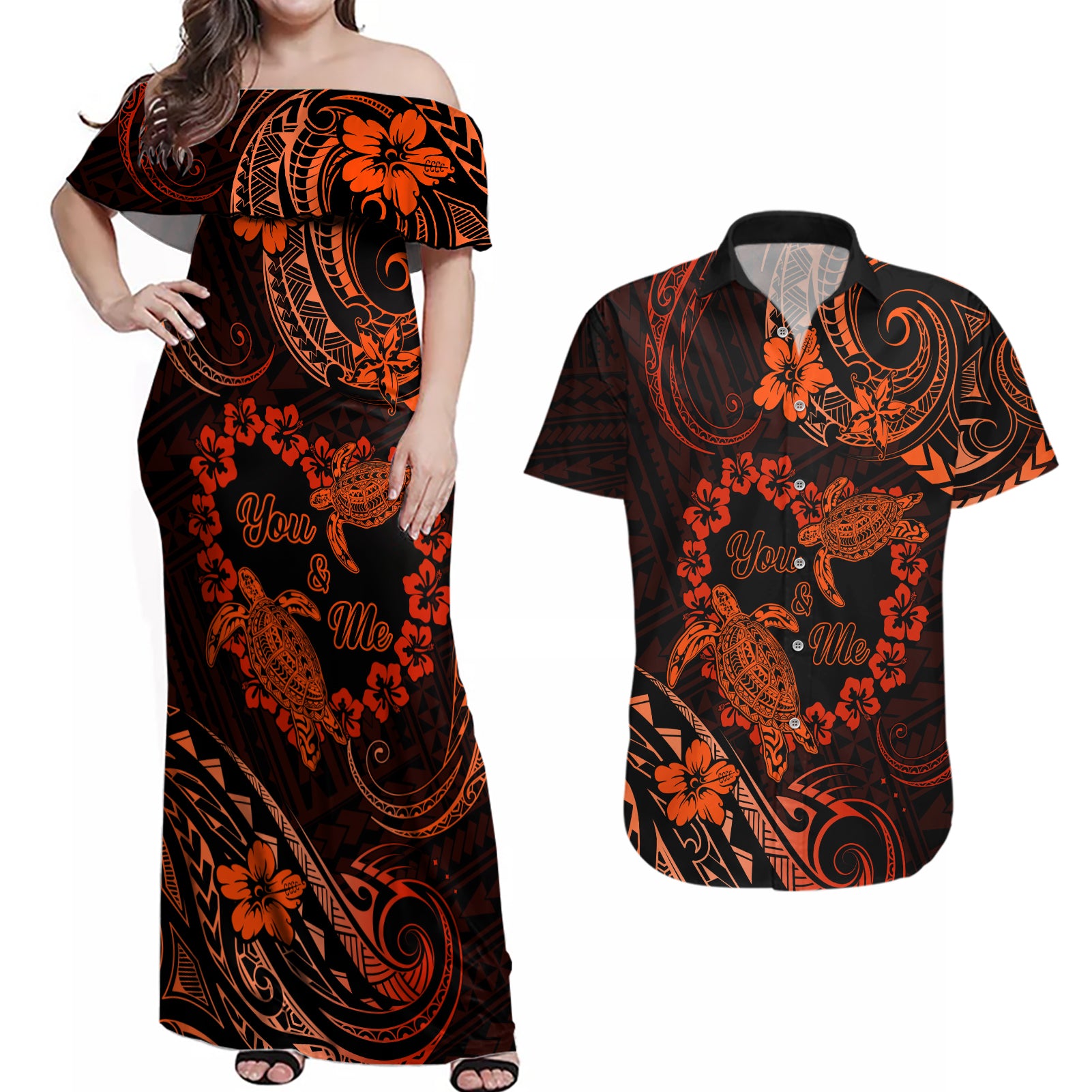 Polynesian Turtle Valentine Couples Matching Off Shoulder Maxi Dress and Hawaiian Shirt You And Me Orange Hibiscus Heart LT01 Orange - Polynesian Pride