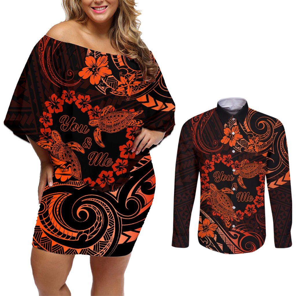 Polynesian Turtle Valentine Couples Matching Off Shoulder Short Dress and Long Sleeve Button Shirt You And Me Orange Hibiscus Heart LT01 Orange - Polynesian Pride