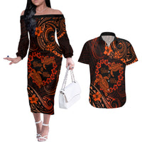 Polynesian Turtle Valentine Couples Matching Off The Shoulder Long Sleeve Dress and Hawaiian Shirt You And Me Orange Hibiscus Heart LT01 Orange - Polynesian Pride
