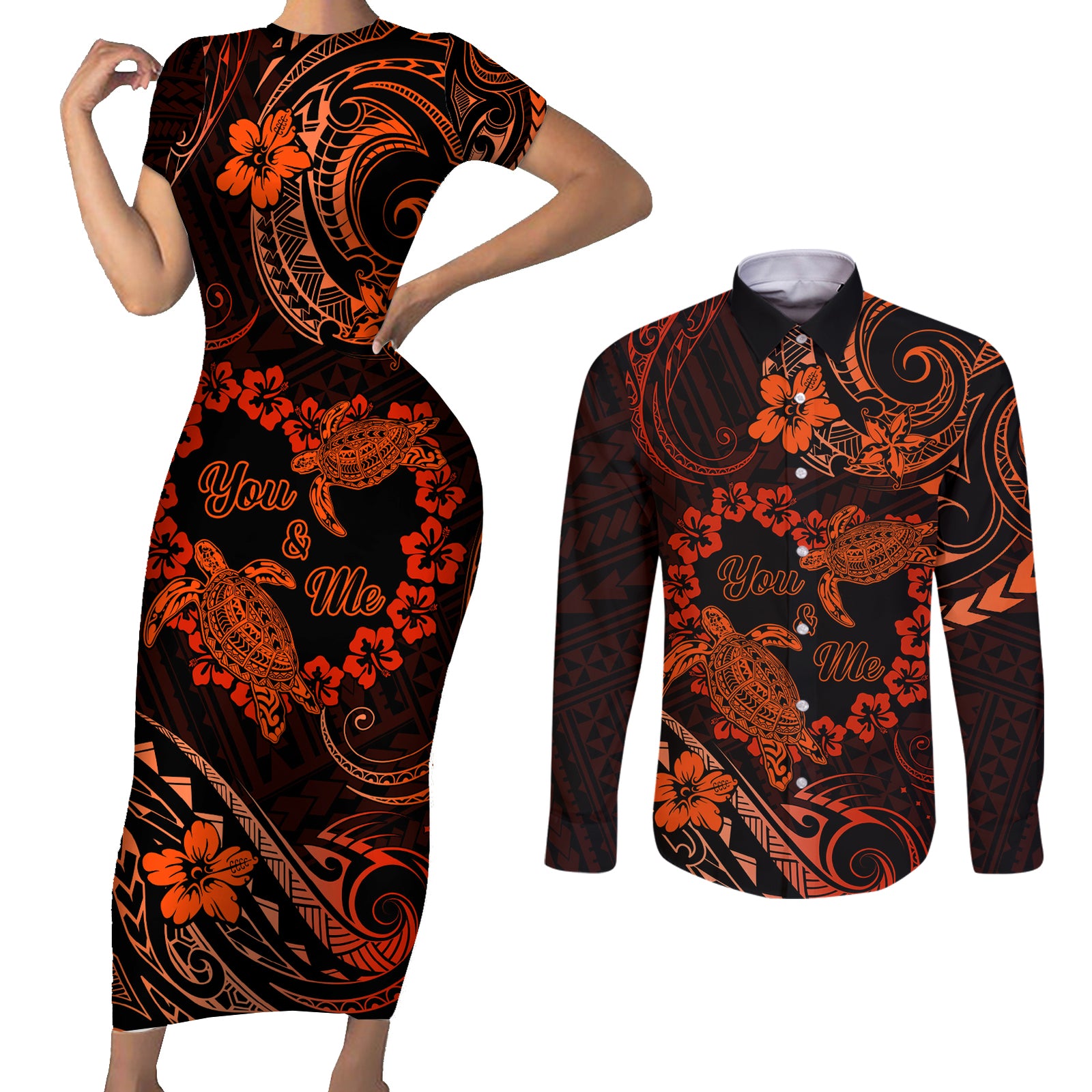 Polynesian Turtle Valentine Couples Matching Short Sleeve Bodycon Dress and Long Sleeve Button Shirt You And Me Orange Hibiscus Heart LT01 Orange - Polynesian Pride