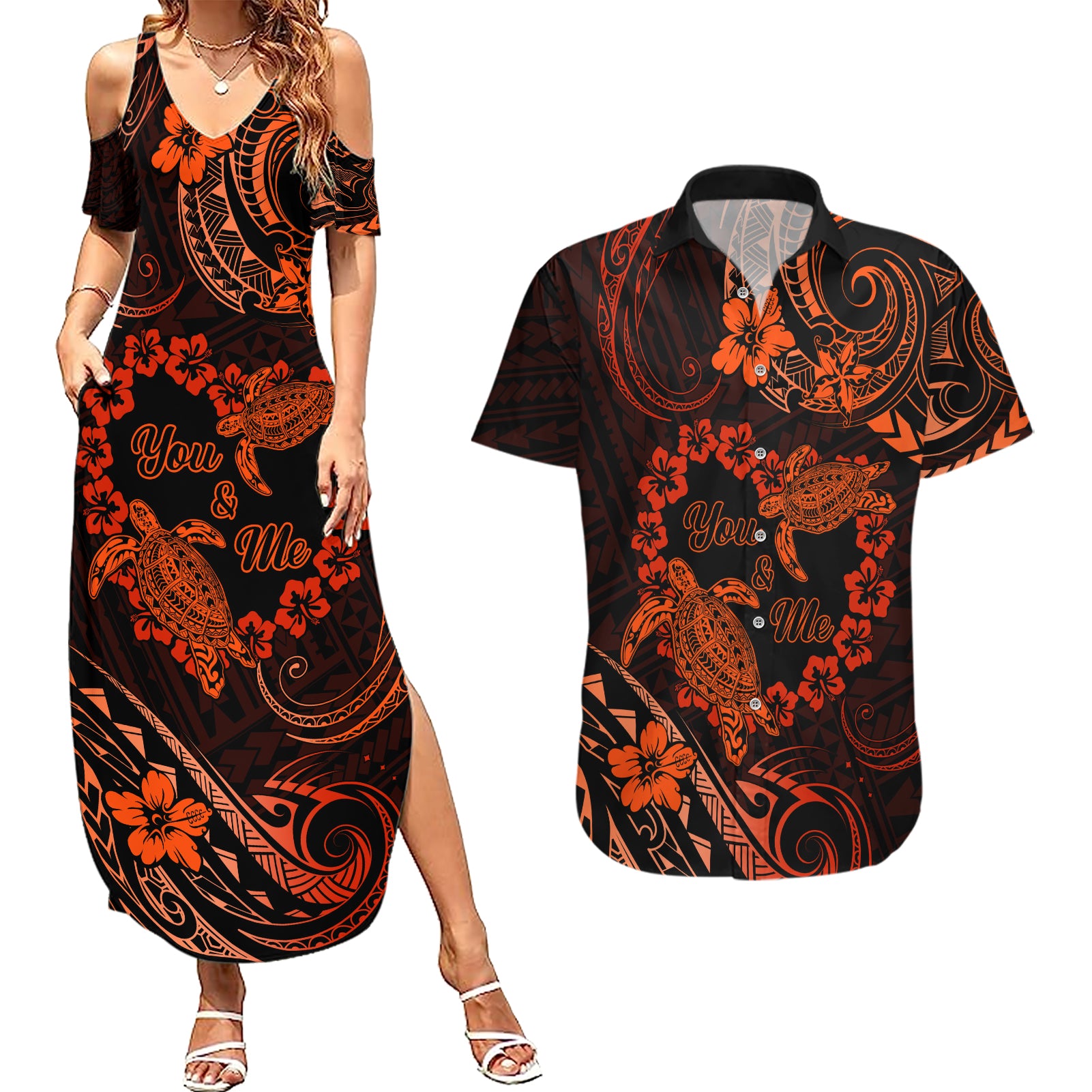 Polynesian Turtle Valentine Couples Matching Summer Maxi Dress and Hawaiian Shirt You And Me Orange Hibiscus Heart LT01 Orange - Polynesian Pride