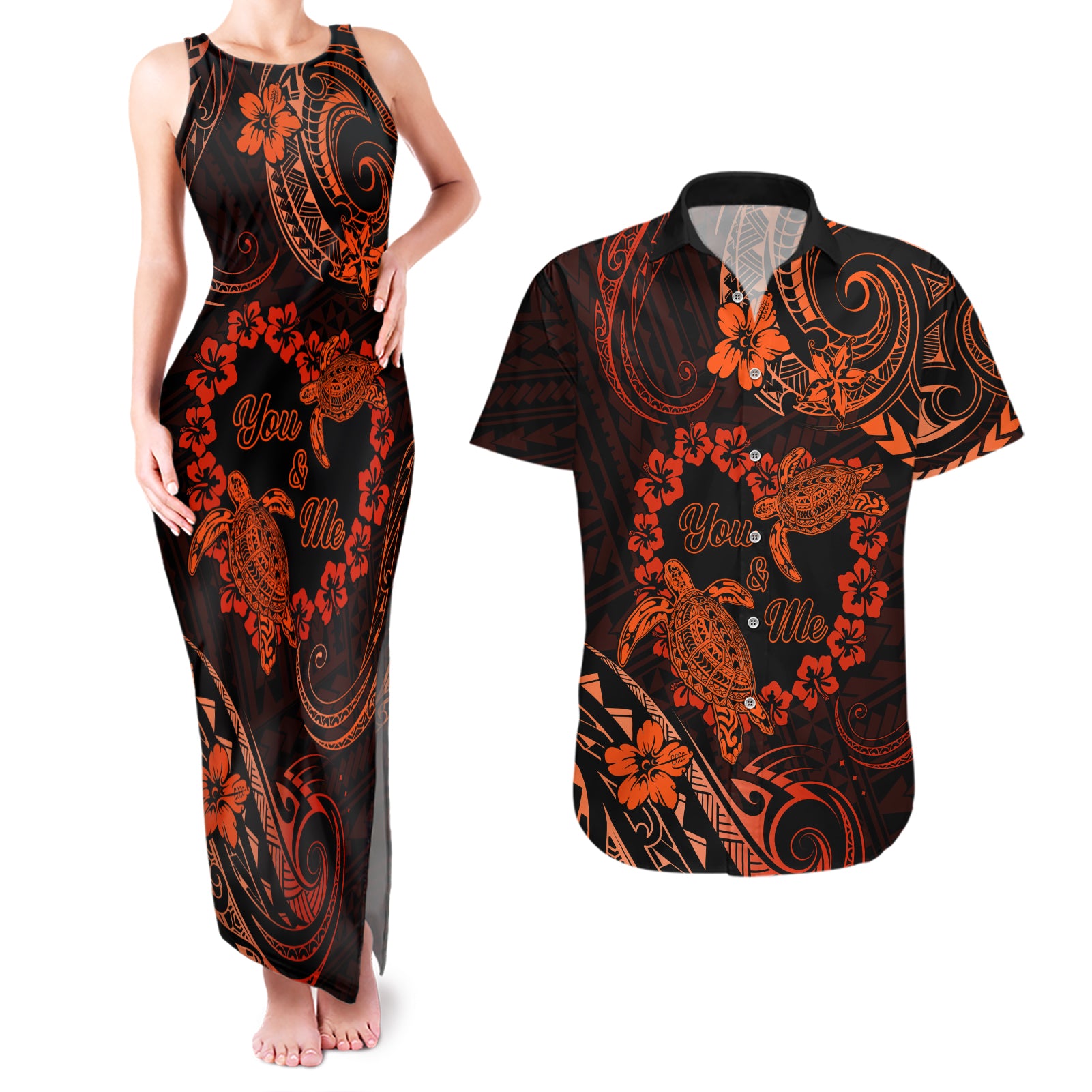 Polynesian Turtle Valentine Couples Matching Tank Maxi Dress and Hawaiian Shirt You And Me Orange Hibiscus Heart LT01 Orange - Polynesian Pride